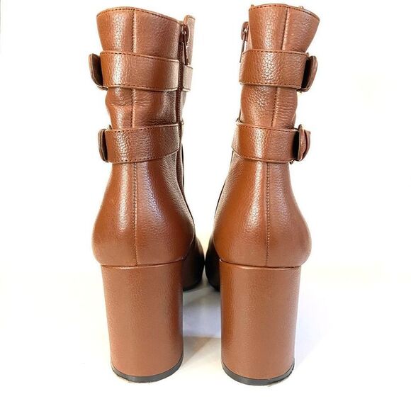 Nine West Nogettuff Ankle Boots Heels Leather Buckle Zip Closure Brown Camel 10 - Picture 8 of 11